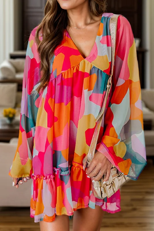 Deal of the Week summer floral dressColor Block V-Neck Long Sleeve Dress
