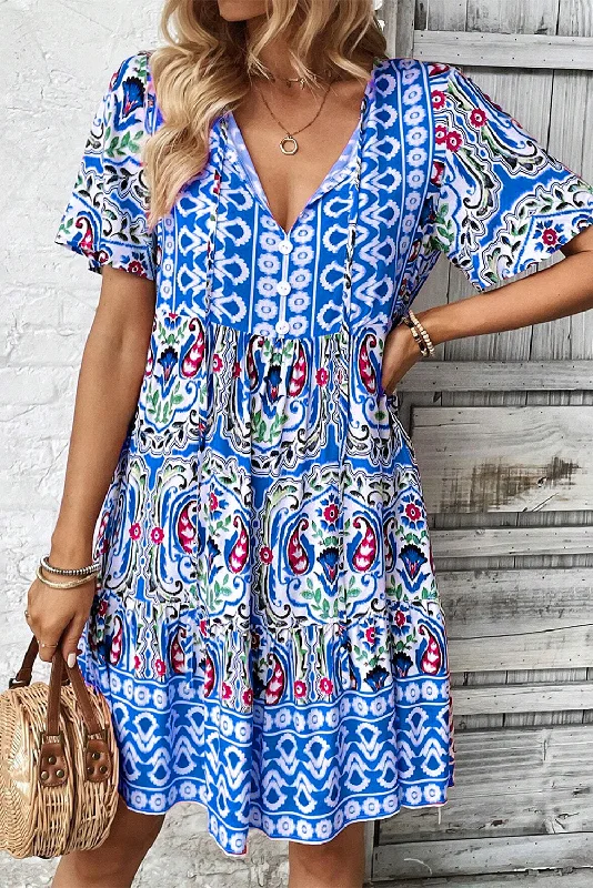 Special Discount Sky Blue Bohemian Print Tie Neck Ruffle Hem Short Dress