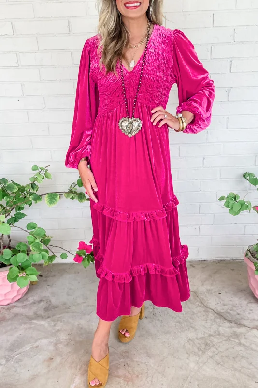 Final Markdown long sleeve dressRose Red Shirred V Neck Long Sleeve Velvet Dress