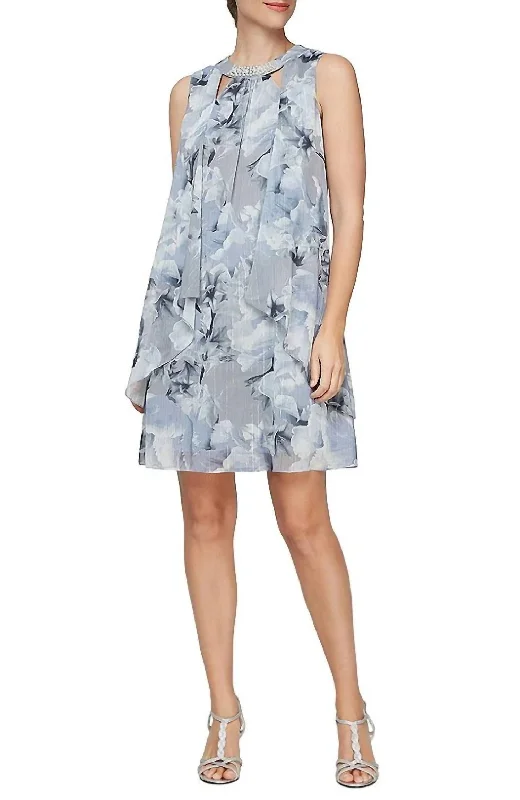 Anniversary Sale chic wrap dressPrinted Sleeveless Dress With Embellished Cutout Neckline In Silver