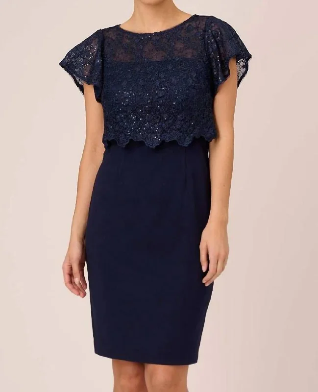 Weekend Deal oversized dressSequined Guipure Lace Popover Sheath Dress In Navy