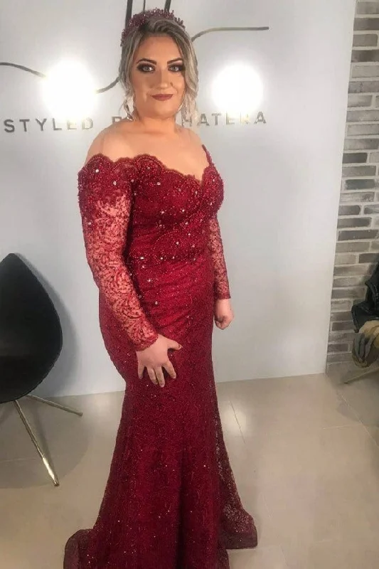 Price Blitz Burgundy Off-the-shoulder Mermaid Mother of the bride Dresses
