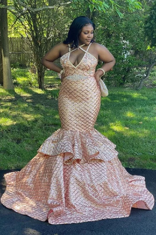 Price Cut Halter Gold Slim Mermaid Prom Party Gowns