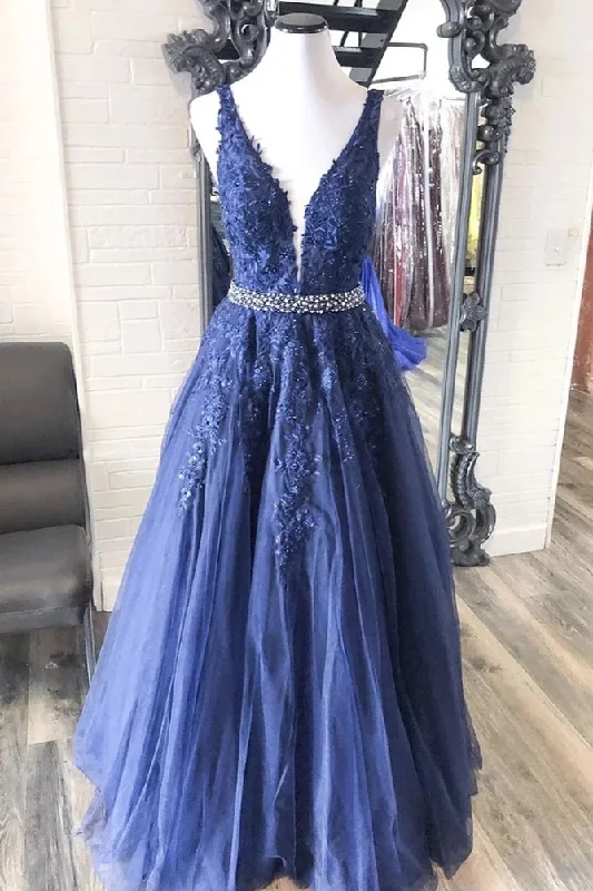 Weekend Deal Navy Blue Tulle Appliques Sexy V-neck A-Line Long Prom Dress JKZ8715
