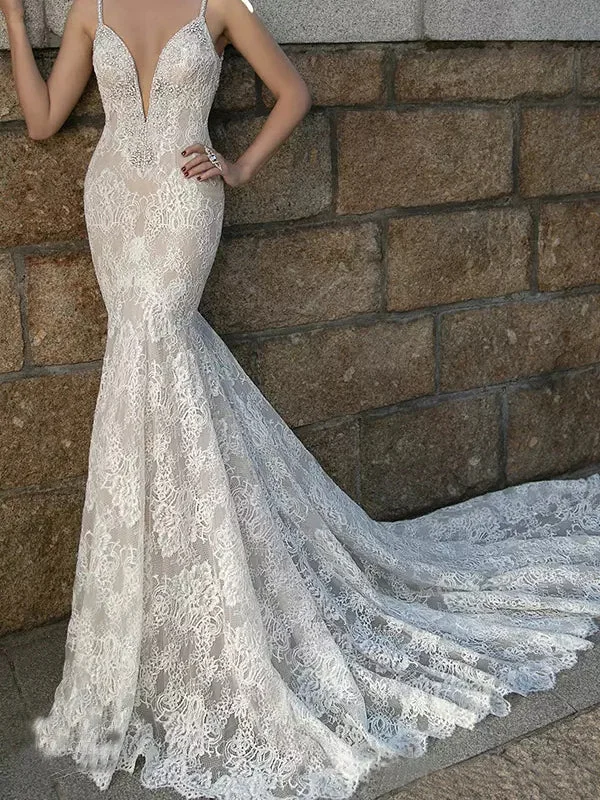 YEAR-End Sale Sexy Wedding Dresses Spaghetti Straps Sheath/Column Lace Bridal Gown JKW052