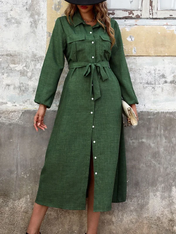 Great Deals layered dressCollared Neck Long Sleeve Midi Shirt Dress