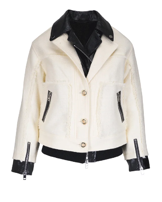 Act Now warm jacketIvory Black Tweed Moto Jacket with Leather Combo