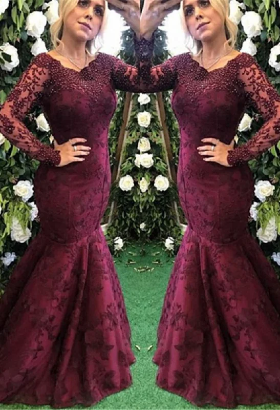 Best Bargains Elegant Long Sleeves Burgundy Evening Dress Mermaid Lace Appliques