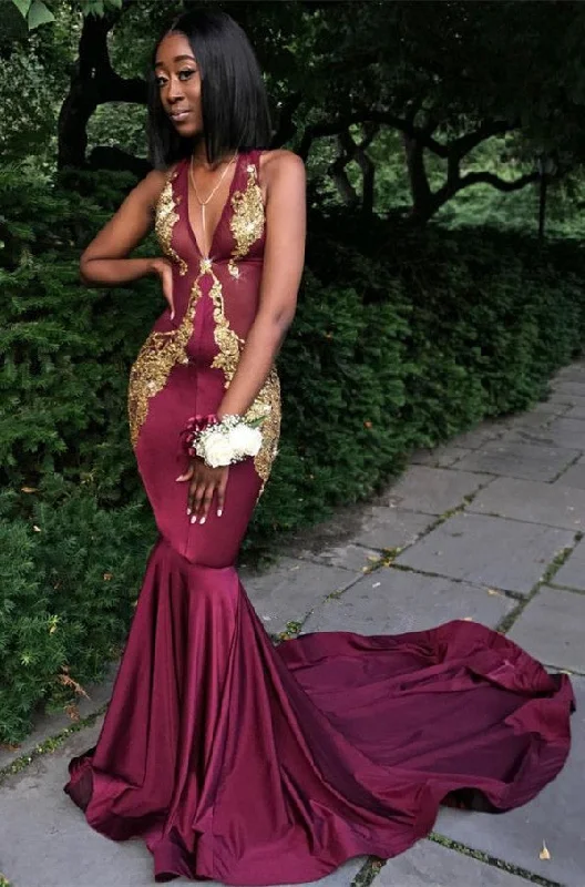 Huge Discounts Burgundy V-Neck Prom Dress, Mermaid Evening Dress