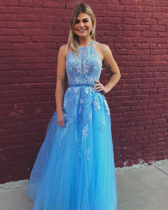 Warehouse Sale Exquisite Blue Lace A-Line Long Prom Dress Formal Evening Gowns JKS8426