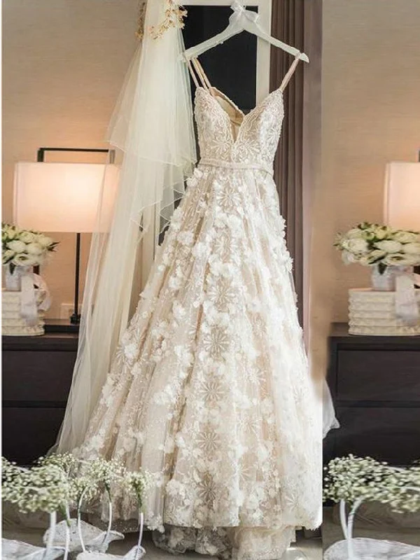 Shop and Save Sexy Wedding Dresses Spaghetti Straps A-line Sweep Train Ivory Lace Bridal Gown JKW175