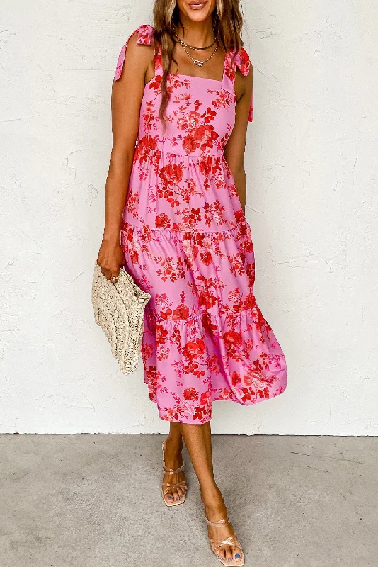 YEAR-End Clearance Pink Tie Shoulder Straps Tiered Floral Dress