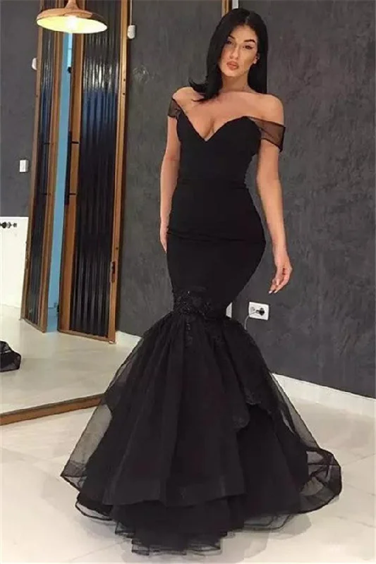 Super Bargain Alluring Black Off-the-Shoulder Applique Prom Dresses Ruffles Chic Mermaid Evening Dresses Super Bargain Alluring Black Off-the-Shoulder Applique Prom Dresses Ruffles Chic Mermaid Evening Dresses