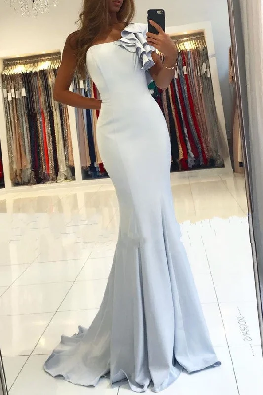 Stock Up and Save One shoulder ruffles Light Blue Mermaid Long Evening Dress