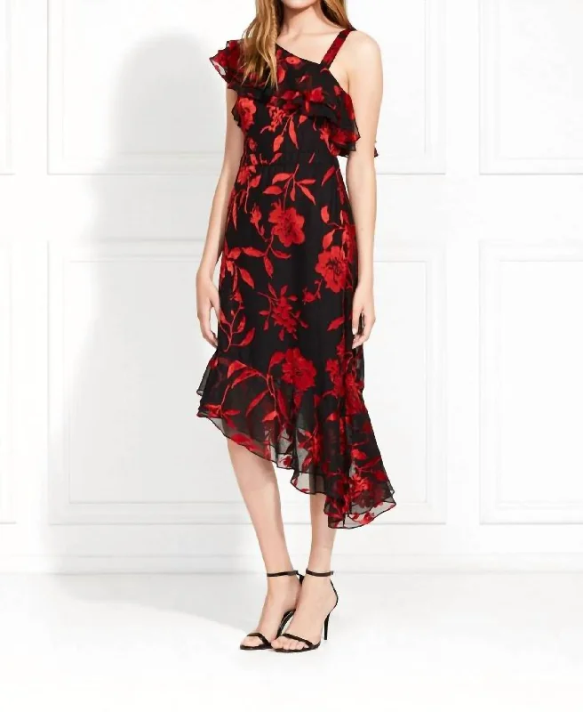 Seasonal Clearance elegant shift dressAntonia Satin Flower Burnout Dress In Black/red