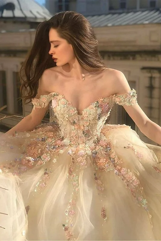 The Best Prices Beautiful Sweetheart Off-Shoulder Floral Tulle A-Line Prom Dress GJS435