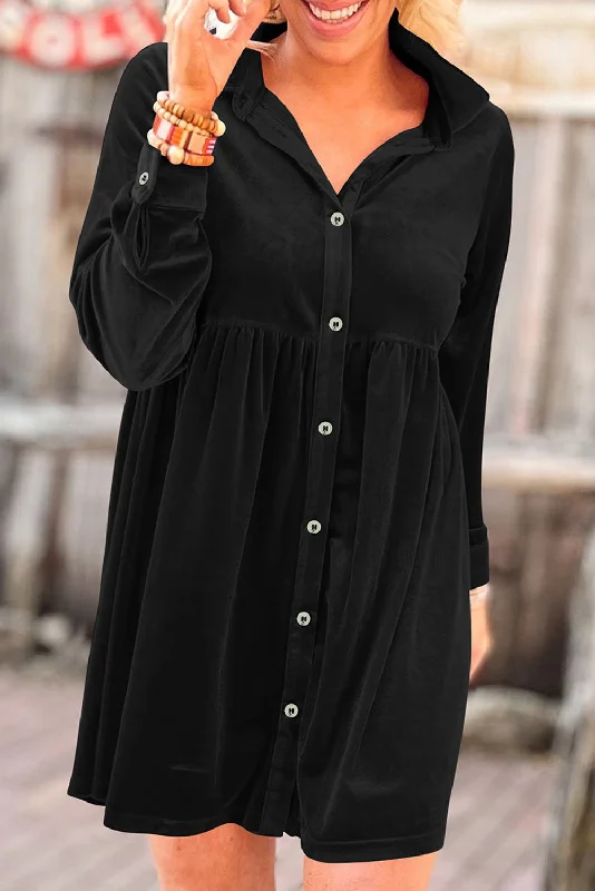 Big Discounts boho-chic dressRed Long Sleeve Ruffle Velvet Button Up Shirt Dress