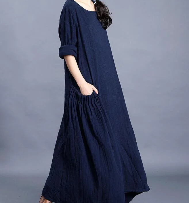Seasonal Clearance classic fit-and-flare dressNavy  O Neck Pleated Side Pockets Long Sleeve Print Linen Women Maxi Dresses  LVSG200122