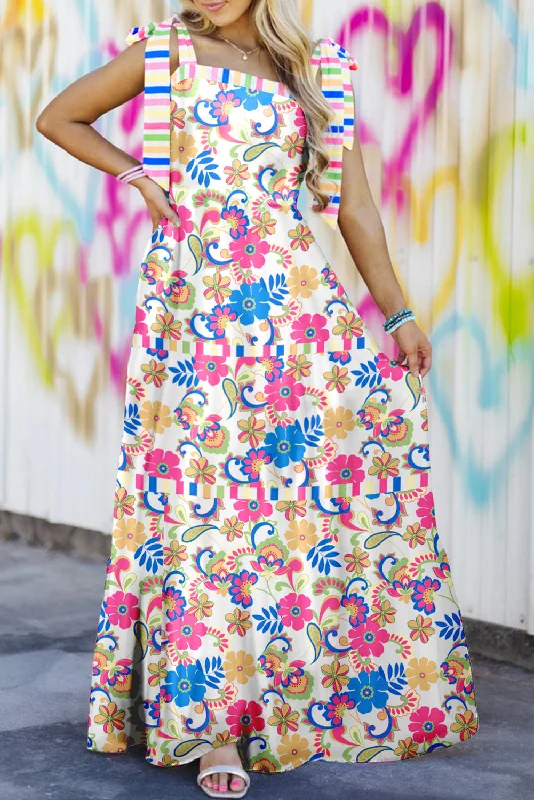 Midnight Madness Rose Red Striped Trim Self-tie Straps Floral Maxi Dress