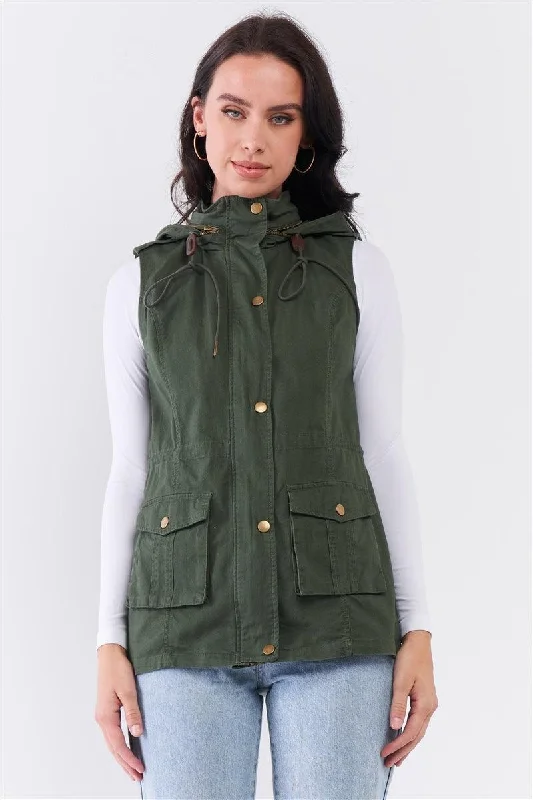 Sale Event fashionable outerwearOlive Military Sleeveless Detachable Hoodie Vest Jacket