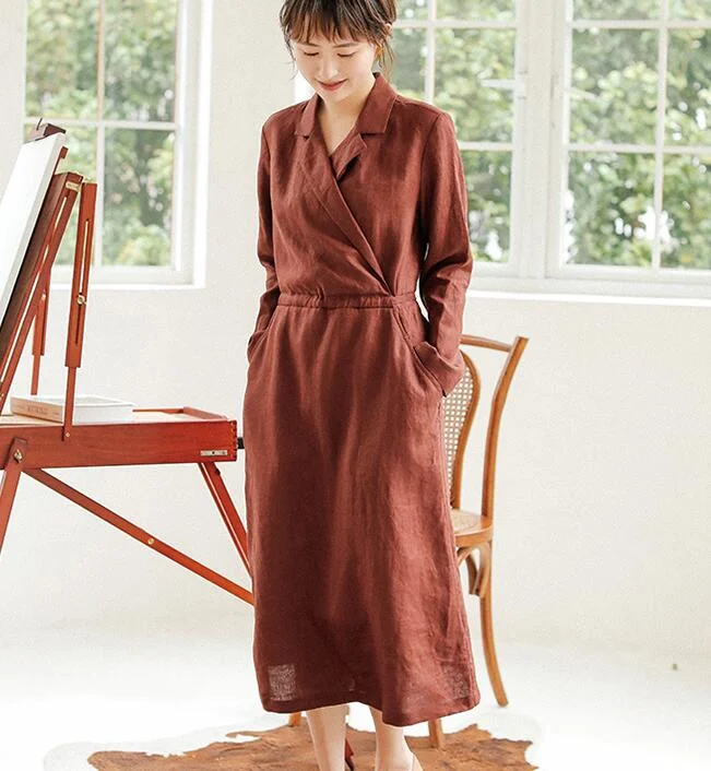 TIME-Limited Offer cocktail party dressCoffee Linen Women Dresses Long Sleeve Women Linen Dresses Waist Belt S90921