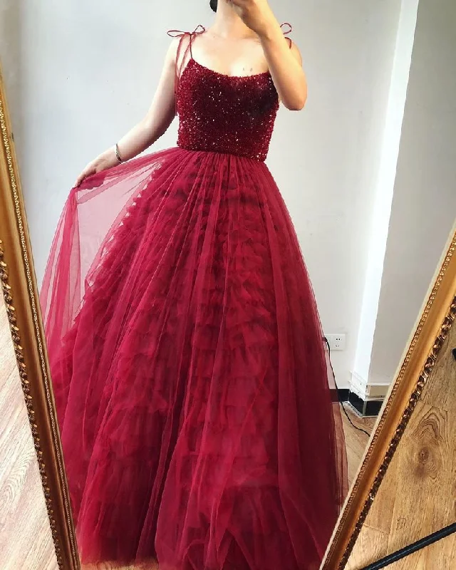 Unbeatable Prices Burgundy Tulle Beaded Spaghetti Straps Scoop A-Line Long Prom Dress JKZ8712 Unbeatable Prices Burgundy Tulle Beaded Spaghetti Straps Scoop A-Line Long Prom Dress JKZ8712