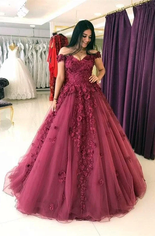 Take Advantage Delicate Off-the-shoulder Lace Appliques A-line Burgundy Evening Gown