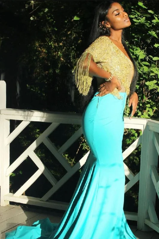 Special Price Mermaid Evening Gowns Short Sleeve Appliques