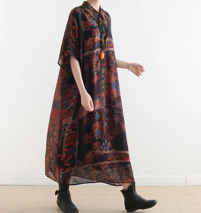 Incredible Offers wrap dressChiffon Polo Collar Print Loose Long Women Dresses Plus Size AMT962328