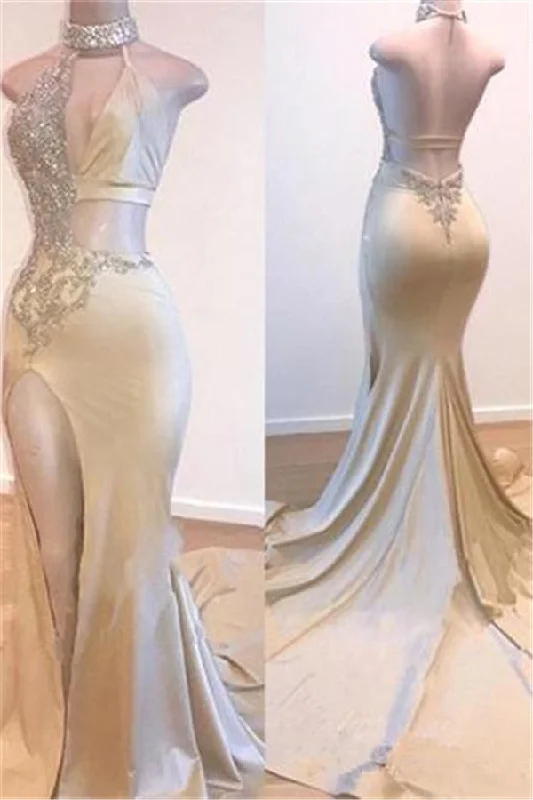 Quick Sale Crystal Halter Side Slit Prom Dresses A-Line Backless Sleeveless Evening Dresses Quick Sale Crystal Halter Side Slit Prom Dresses A-Line Backless Sleeveless Evening Dresses