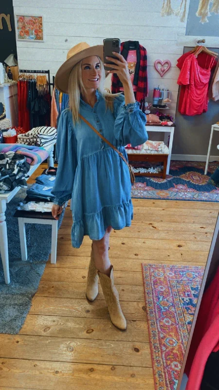 YEAR-End Clearance Shelton babydoll denim ruffle dress (medium denim)