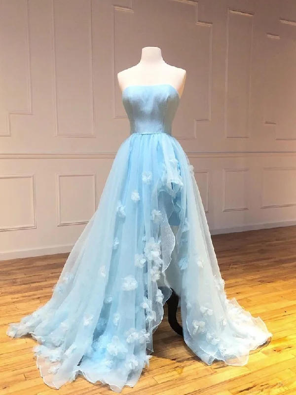 Low Prices Sky Blue Tulle 3D Appliques A-Line Strapless Long Prom Dress JKZ8615