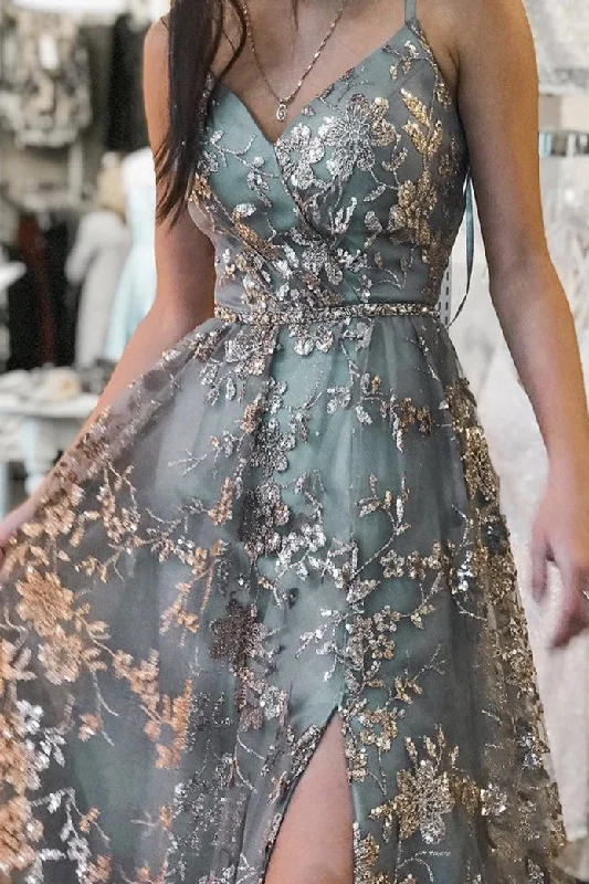 Early Access Stylish Tulle Sequins A-line Split Front Long Prom Dress Formal Dress ZXS121