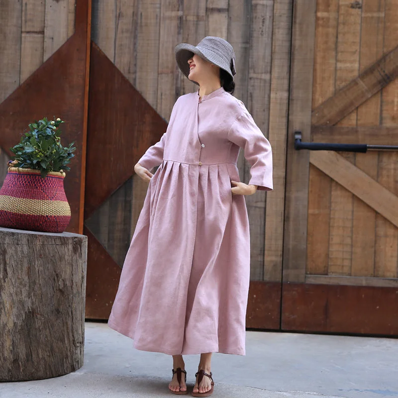 Limited Time Discount vintage dressPink V Neck Loose Dress Summer Long Sleeve Midi Women Linen Dresses Z972917