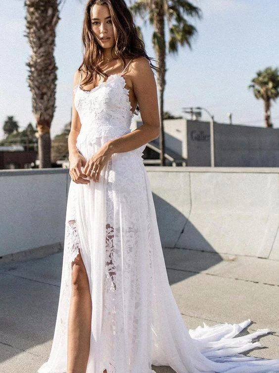 Limited Time Open Back Wedding Dresses Spaghetti Straps Long Train Lace Simple Beach Bridal Gown JKW246