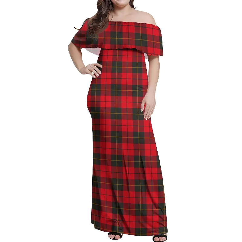 Clearance Items Wallace Weathered Tartan Off Shoulder Long Dress