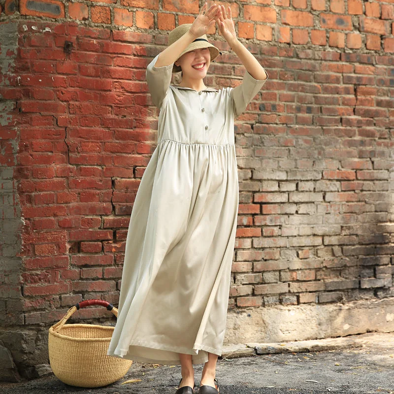 Deal Mania ruched dressLoose Pan Collar Button Dress Summer Long Women Linen Dresses Z972915