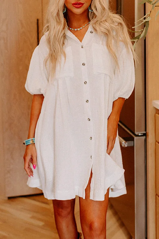 Exclusive Savings White Half Puff Sleeve Buttoned Shirt Mini Dress