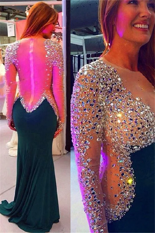 Must-Have Deals Classic Long Sleeves Mermaid Evening Dresses Crystals Zipper Back