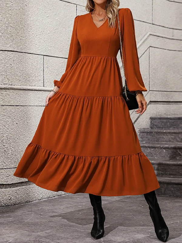 Limited Time Discount flowy evening dressV-Neck Long Sleeve Tiered Dress