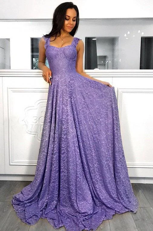 Special Buy A-Line Straps Sleeveless Sweep Train Lavender Lace Prom Dress JKN4103