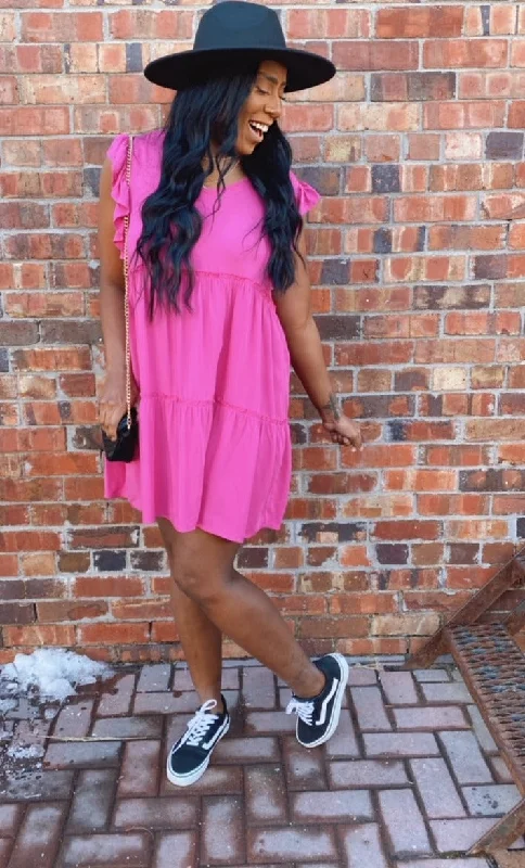 Weekend Deal Clara ruffle sleeve tiered babydoll dress (bright pink)