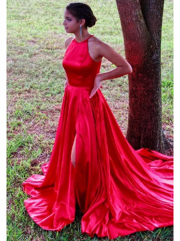 Stock Clearance Jewel Neckline Red Satin A-Line Long Prom Dress with Slit JKZ8710