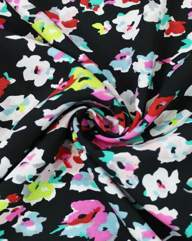 Reduced Prices long sleeve dressBlack And Multicolor Floral Print Polyester Crepe Fabric