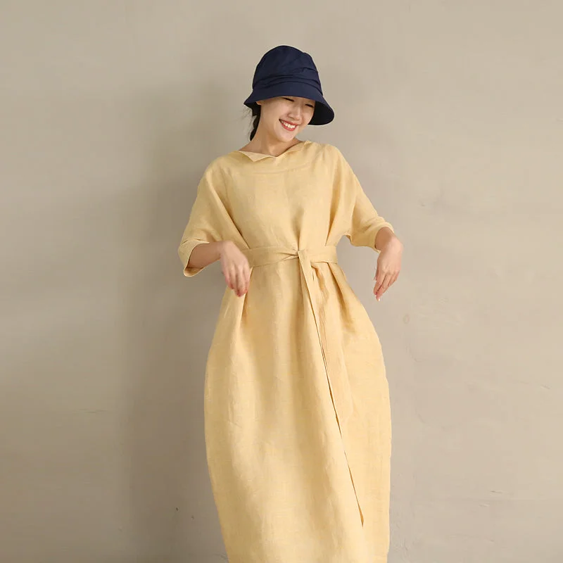 Act Fast trendy mini dressYellow Label Collar Linen Waist Belt Dress Casual Summer  Raglan sleeves Long Women Dresses Z972913