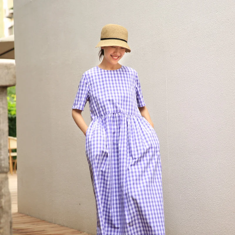 Deal Zone casual summer dressPurple Plaid O Neck Summer Dress Maxi Women Cotton Dresses Z972916