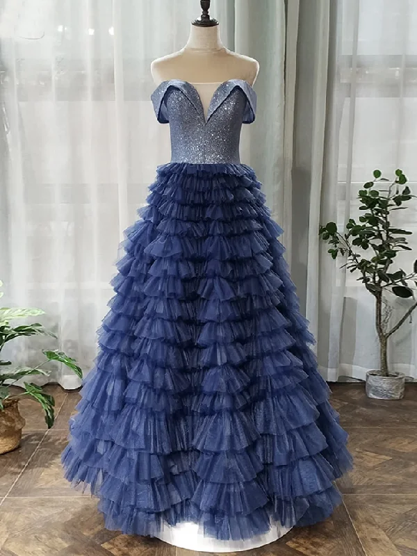 Clearance Sale Off-the-Shoulder Navy Blue Tulle Ruffles A-Line Long Prom Dress JKZ8716