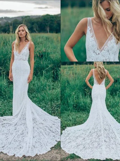 Special Promotion Beach Wedding Dresses Mermaid Straps V-neck Sweep Train Lace Sexy Bridal Gown JKW214