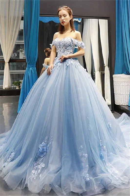 Today’s Deal Chic Ball Gown Off-the-Shoulder Long Prom Party Gowns| Luxurious Sweetheart Lace Appliques Prom Gown