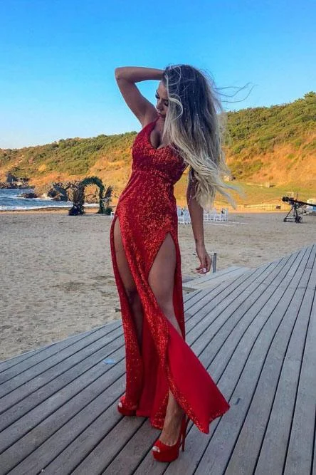 Price Blitz Sheath Spaghetti Straps Backless Red Sequined Prom Dress with Split JKQ5212